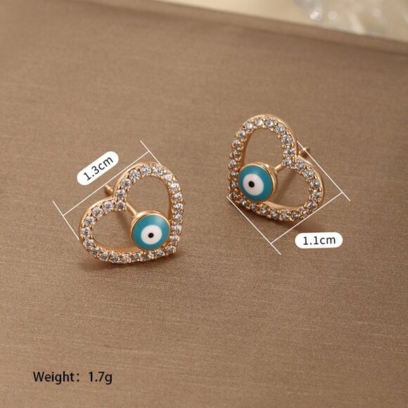 3/$35 Dainty 18K Gold Plated Heart Blue Evil Eyes Stud Earrings Rhinestones - Picture 5 of 5